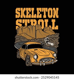 skeletron stroll caveira drive feriado vetor ilustrador vintage