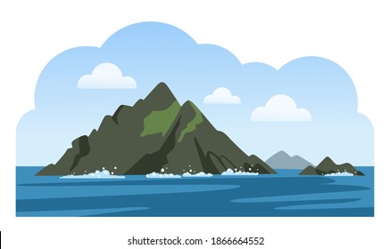 Skellig Michael. Great Skellig. Twin-pinnacled Irish Crag. Travel To Ireland. Sea Scenic View. Colorful Vector Illustration.