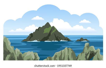 Skellig Michael Irish Rock. Skellig Islands, County Kerry. Sea And Ocean Panoramic Landscape. Travel To Ireland. Hand-drawn Colorful Vector Illustration.