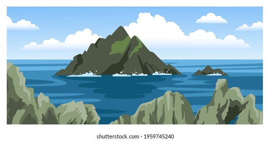 Skellig Michael Irish Rock. Skellig Islands, County Kerry. Seascape With Rocks And Sea Foam, Large Fluffy Clouds. Round Hand-drawn Illustration.