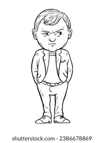 Skeptischer Mann mit verdächtigem Gesichtsausdruck. Misstrauen und Misstrauen. Cartoon, Vektorgrafik. Schwarz-Weiß-Skizze. Handgezeichnete Linie