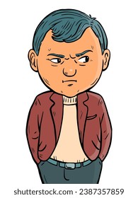 Skeptic man with a suspicious expression on his face. Mistrust and suspicion. Cartoon vector illustration on white background. Hand drawn line. Comic style