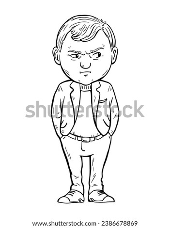 Skeptic man with a suspicious expression on his face. Mistrust and suspicion. Cartoon vector illustration. Black and white sketch. Hand drawn line