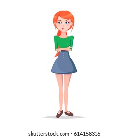 Skeptic young woman illustration. Beautiful redhead girl in blouse and skirt standing with with suspicious face expression and arms crossed isolated flat vector. Emotional female cartoon character