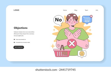 A skeptical character crosses arms, signaling 'No' to a shopping cart, symbolizing consumer hesitation. Flat vector illustration