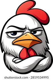 A skeptical, disgruntled white rooster	