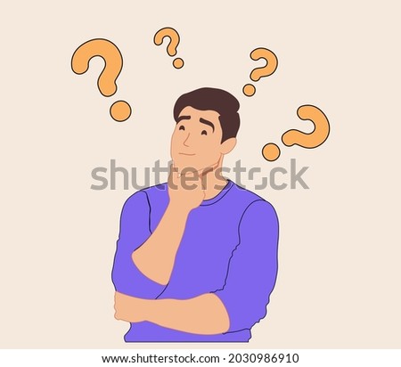 Skeptical, distrust or questioning about business deal, thinking to make decision, doubtful or confusion concept, businessman with suspicious gesture thinking about things with question mark signs.