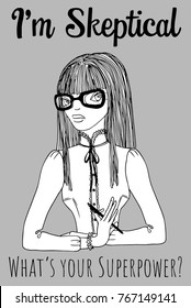 Skeptical girl in glasses line vector illustration