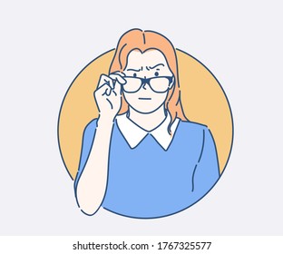 Skeptical jealous woman looking at something. Young woman wearing elegant black eyeglasses. Hand drawn in thin line style, vector illustrations.