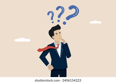Skeptical, not believing or questioning about business deal, thinking to make a decision, businessman with suspicious attitude thinking about things with question marks.