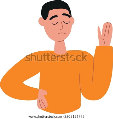 Skeptical person refusing with hand, palm gesture, saying no, stopping. Rejection and refusal, mute sign, dissatisfaction, denial man. Negative emotion, body language, nonverbal communication. Vector