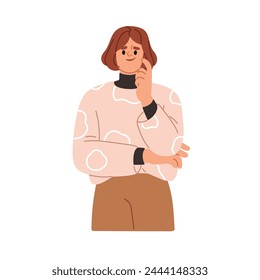 Mujer escéptica dudando. Persona sospechosa de pensamiento dudoso con emoción de desconfianza, expresión de rostro escéptico. Confundida preocupada, mujer insegura. Ilustración vectorial plana aislada sobre fondo blanco