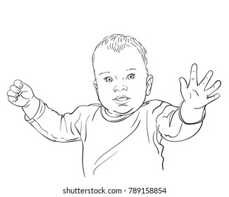 Sketch of 10 months old baby boy with open mouth pulls hands for hug, Hand drawn vector line art illustration isolated on white background