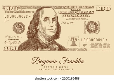 Sketch of a 100$ banknote with a portrait of Benjamin Franklin, the US currency. Engraving portrait of the political figure of America. Vintage brown and beige card, hand-drawn, vector. Old design.