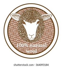 Sketch 100% wool tag with sheep in vintage style, vector