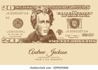 Sketch of a 20$ banknote with a portrait of Andrew Jackson, the US currency. Engraving portrait of the President of America. Vintage brown and beige card, hand-drawn, vector. Old design.