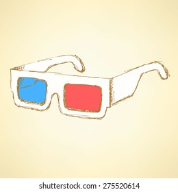 Sketch 3d glasses in vintage style, vector
