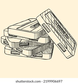 A Sketch of 5 Cassette Tapes stacked upon one another! This sketch is vectorized and ready for use within your business!