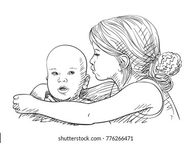 Sketch of 5 year old girl tenderly with love hugging 8 month old baby, Happy family moments, Hand drawn vector illustration with hatched shades