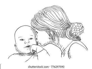 Sketch of 5 year old girl tenderly with love kissing 8 month old baby, Happy family moments, Hand drawn vector illustration with hatched shades