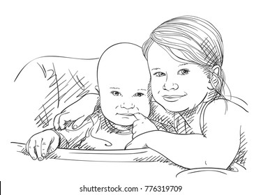 Sketch of 5 year old girl hugging 8 month old baby sucking his finger, Brother and sister happy family moments, Hand drawn vector illustration with hatched shades