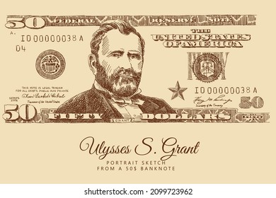 Sketch einer 50$ Banknote mit einem Portrait von Ulysses S. Grant, die US-Währung. Gravur des Präsidenten von Amerika. Vintage-braune und beige Karte, handgezeichnet, Vektorgrafik. Altes Design.