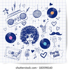 Sketch 80s party objects. Hand-drawn with pen on squared paper. Vector illustration.