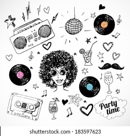 Sketch 80s party objects. Vector illustration.