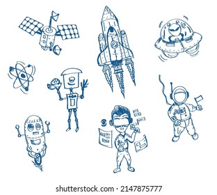Sketch about science and technology. Isolated objects with white background.