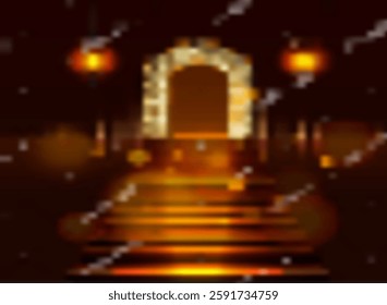 Sketch abstract Glossy golden lanterns and crescent moon shape ornaments and blur vision of a door. Islamic festival of sacrifice background.