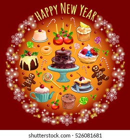Sketch with abundance of sweets and pastries with Christmas decorations. Sample of the poster round shape, invitation and other cards. Isometric style vector illustration.
