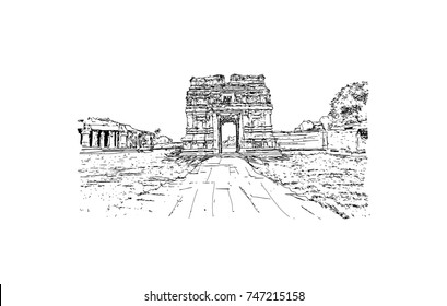 Sketch of Achyutaraya temple hampi,  Karnataka, India in vector illustration.