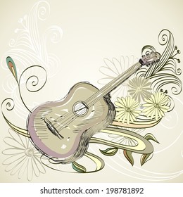 sketch acoustic guitar on a beige background