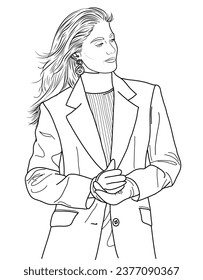 Sketch for adult coloring book. Vector illustration, beautiful girl in jacket or blazer. Black and white, Vector illustration. Design for sticker, pattern. Fashion coloring pages. Old money style