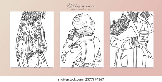 Sketch for adult coloring book. Vector illustration, beautiful girl. Black and white, Vector illustration. Design for decoration, sticker, pattern, and more. Fashion coloring pages