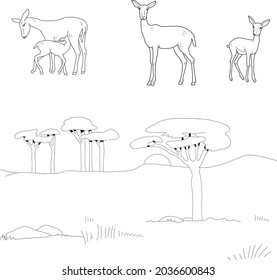Sketch of the African savanna. Vector set of antelopes