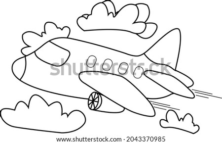 Sketch of an airplane is flying at high speed towards the sky. Coloring page vector stock for kids theme.