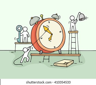 Sketch of alarm clock with working little people. Doodle cute miniature teamwork about deadline. Hand drawn cartoon vector illustration for business design and infographic.