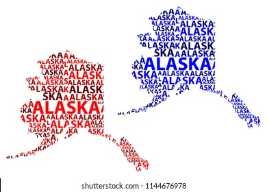 Sketch Alaska (United States of America) letter text map, Alaska map - in the shape of the continent, Map Alaska - red and blue vector illustration