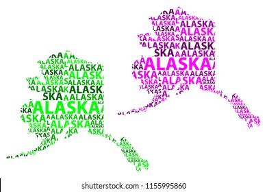 Sketch Alaska (United States of America, The Last Frontier) letter text map, Alaska map - in the shape of the continent, Map Alaska - green and purple vector illustration