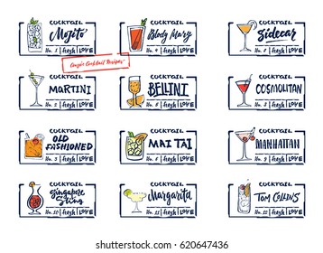 Sketch alcohol drinks labels set with calligraphic inscriptions colorful classic cocktails and beverages isolated vector illustration