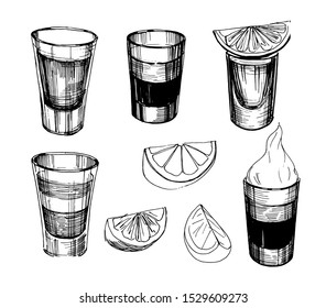 Sketch alcohol drinks shots. Hand drawn illustration converted to vector