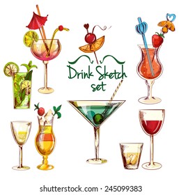 Sketch alcoholic beverages cocktail drink set isolated vector illustration