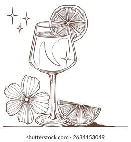 Sketch of Alcoholic cocktail with lemon. Glass of drink. Isolated black and white vintage engraving. Hand drawing. Vector illustration cocktail drink beverage for holiday celebrating.