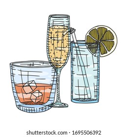 sketch alcoholic drinks in color. doodle stock illustration