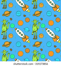 Sketch alien, rocket and planets in vintage style, vector seamless pattern