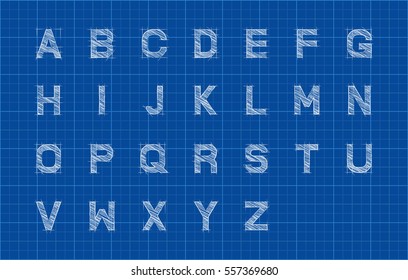 Sketch Alphabet Or Font Over Blueprint Paper Background