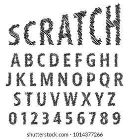 Sketch alphabet font template. Set of letters and numbers scratch design. Vector illustration.