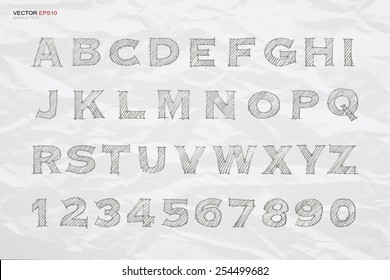 Sketch alphabet and number on crumpled paper texture background. Vector hand drawn and sketched font.