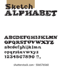 Sketch alphabet. Vector hand drawn alphabet. Doodle alphabet. Nervios sketched alphabet. Black uppercase sketchy letters, numbers and special symbols on white background.